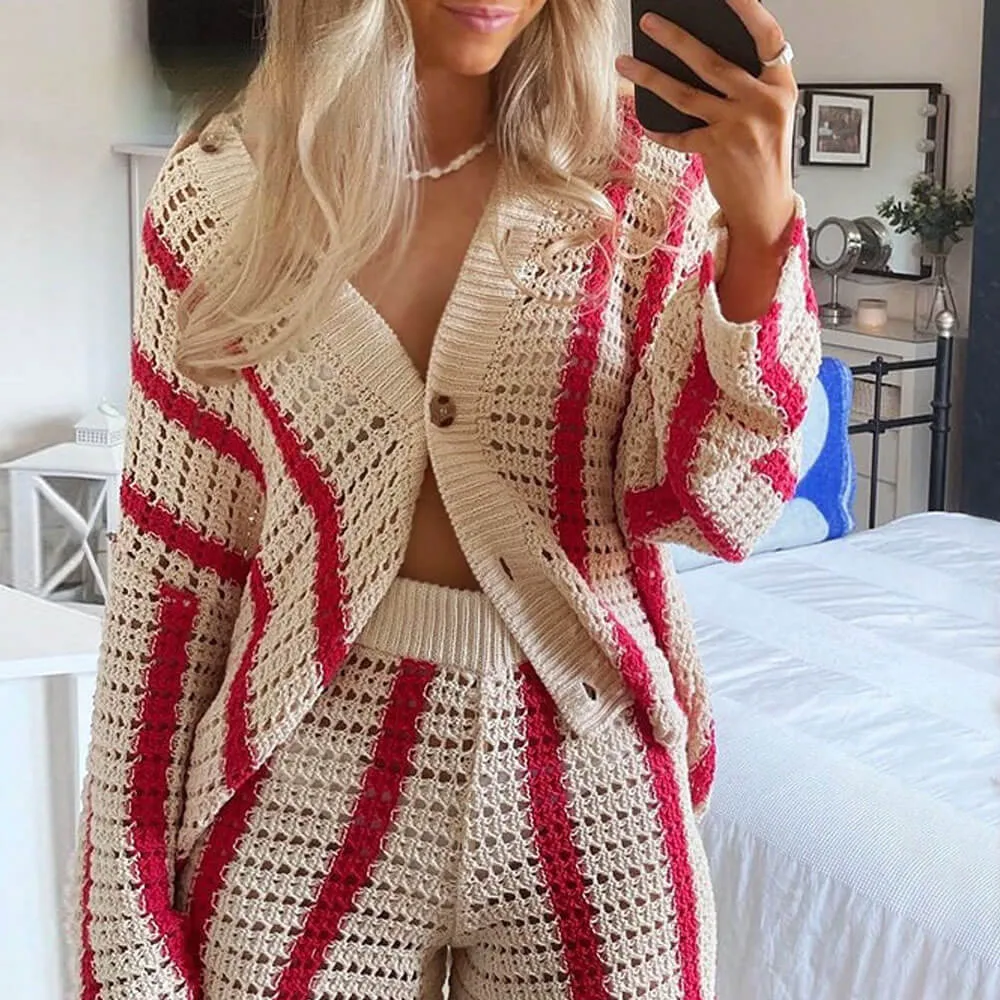 Oversized Collared Crochet Open Knit Red and White Striped Cardigan