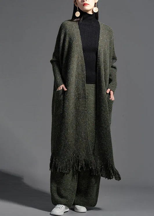 Oversized Green Tasseled Knit Loose Cardigan Spring