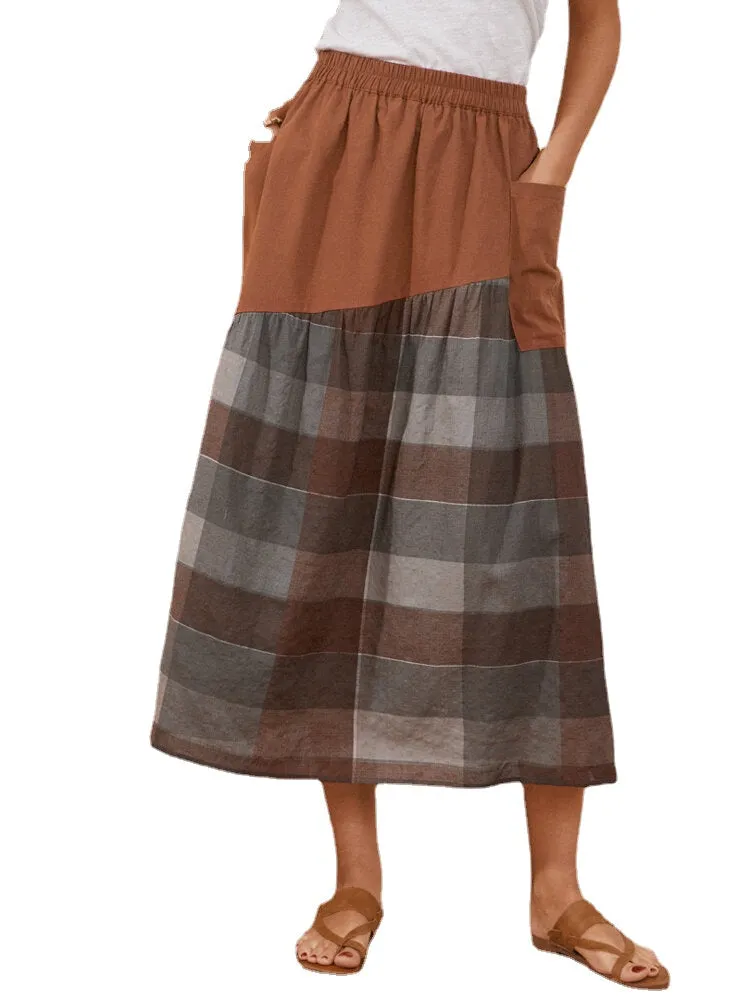 Plaid Print Patchwork Pocket Long Casual Skirt