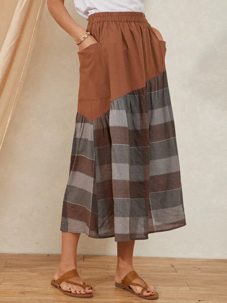 Plaid Print Patchwork Pocket Long Casual Skirt