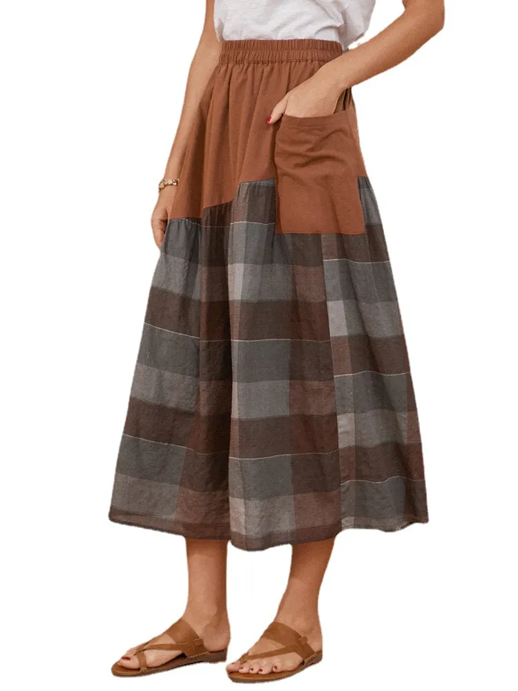 Plaid Print Patchwork Pocket Long Casual Skirt