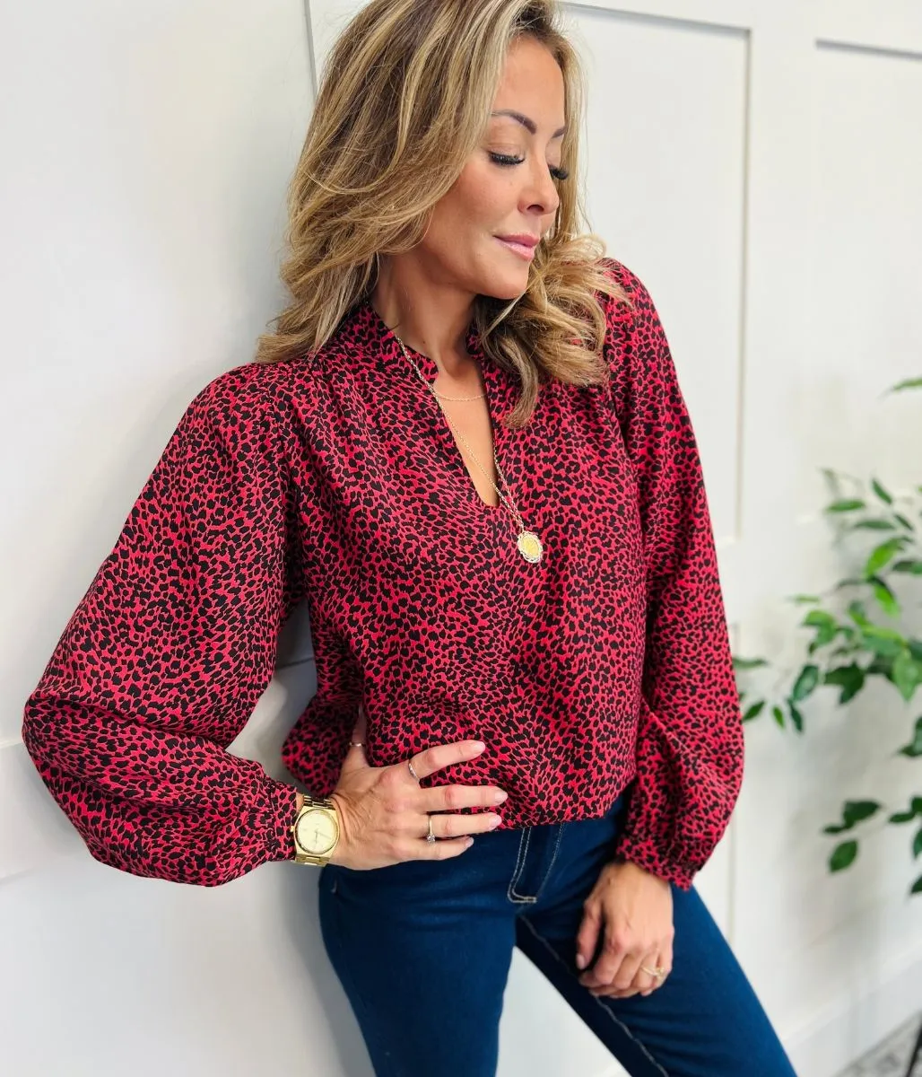 Red Animal Print Popover Blouse