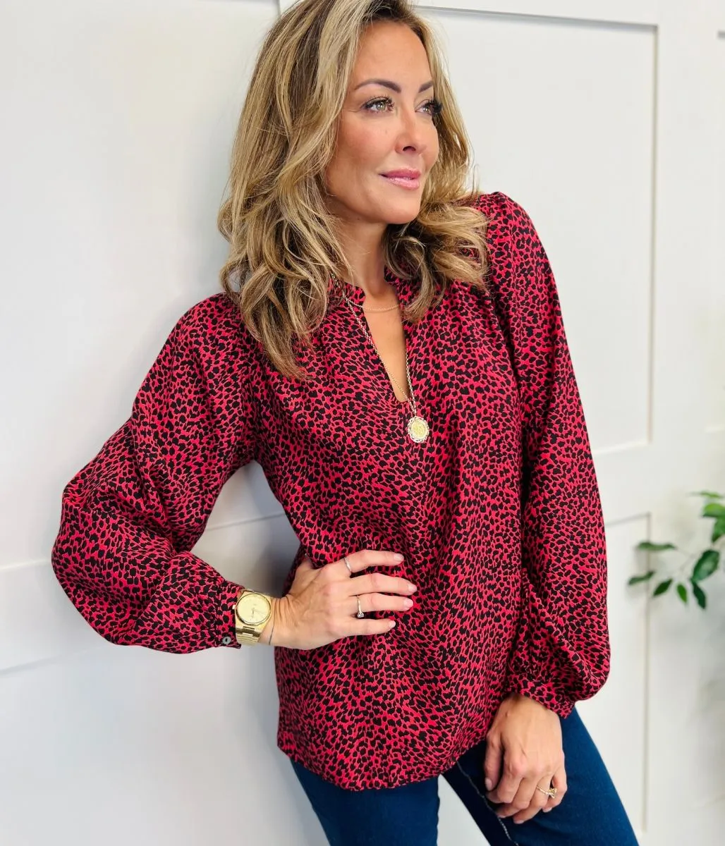 Red Animal Print Popover Blouse