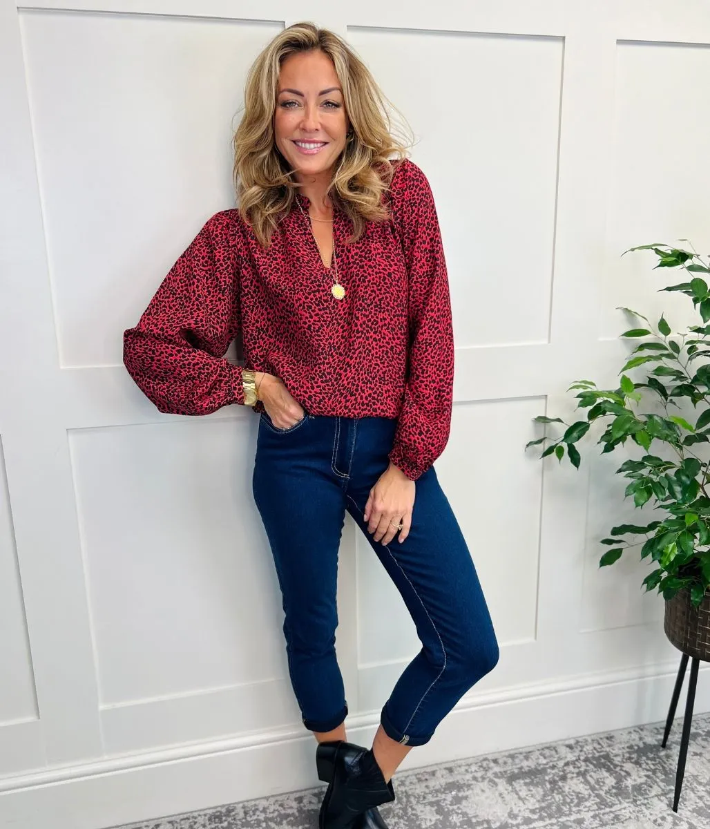 Red Animal Print Popover Blouse