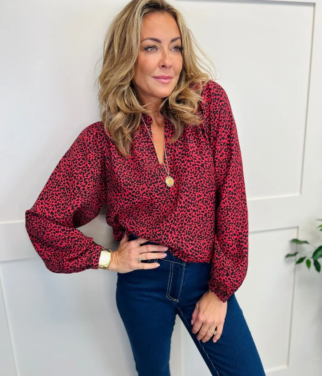 Red Animal Print Popover Blouse