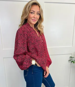 Red Animal Print Popover Blouse