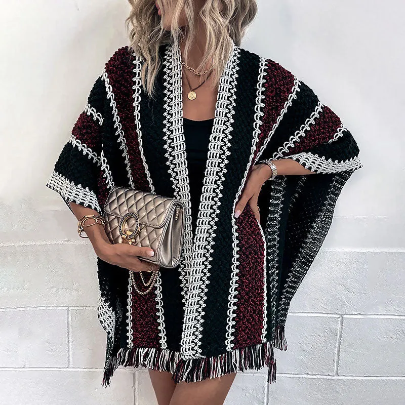 Retro Tassel Trim Multicolored Contrast Striped Textured Knit Shawl Cardigan