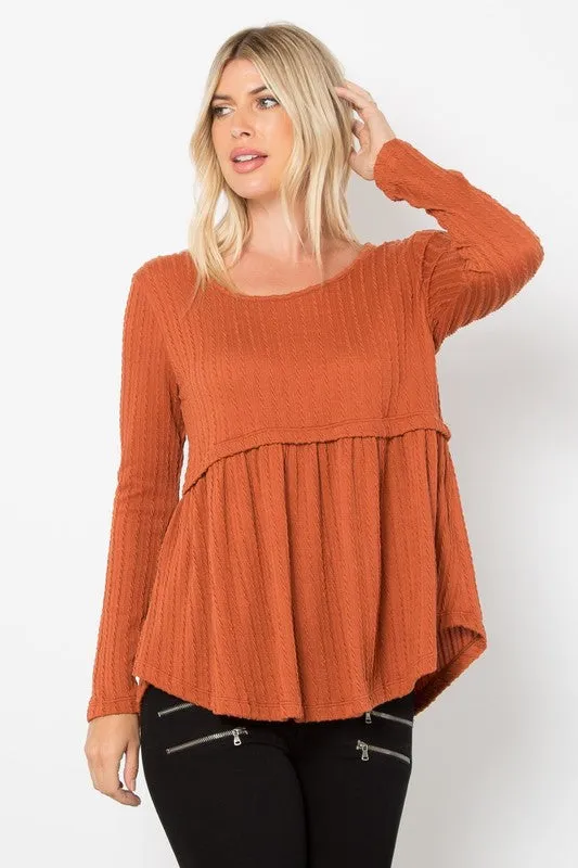 Rust Full Size Texture Babydoll Round Neck Long Sleeve Knit Top