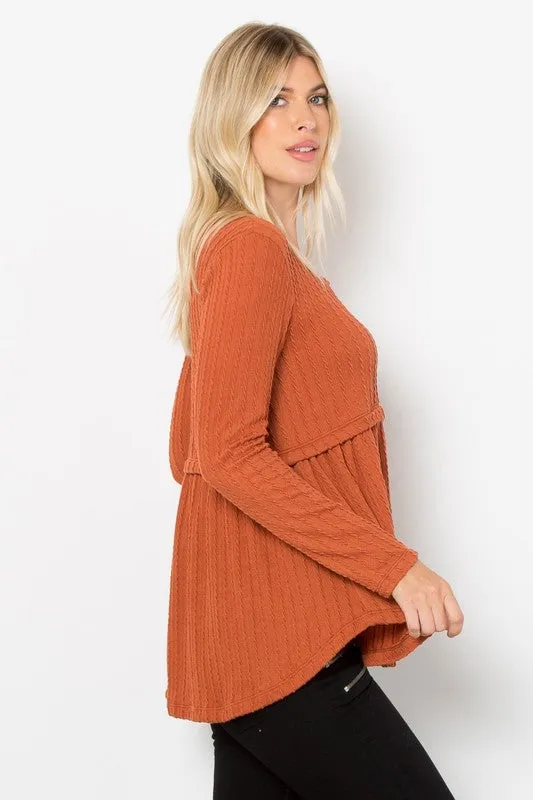 Rust Full Size Texture Babydoll Round Neck Long Sleeve Knit Top