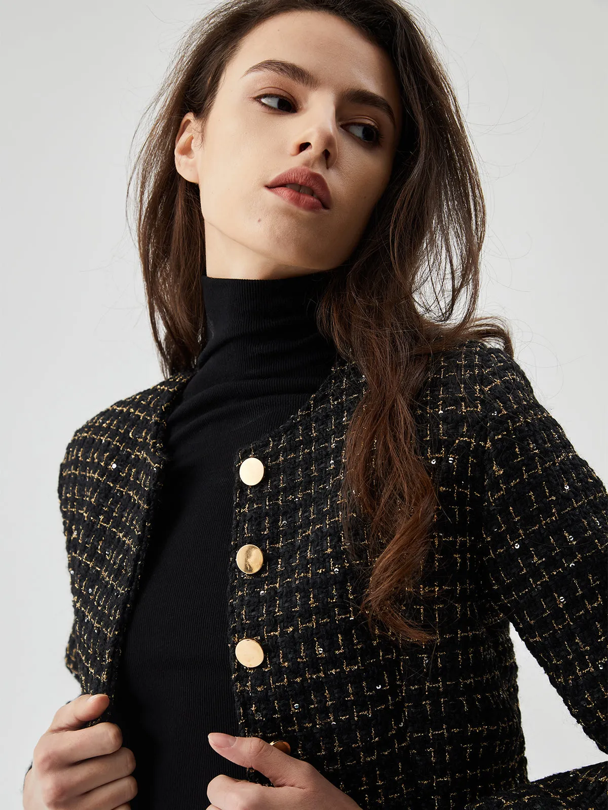 Sequined Button Graceful Short Blazer