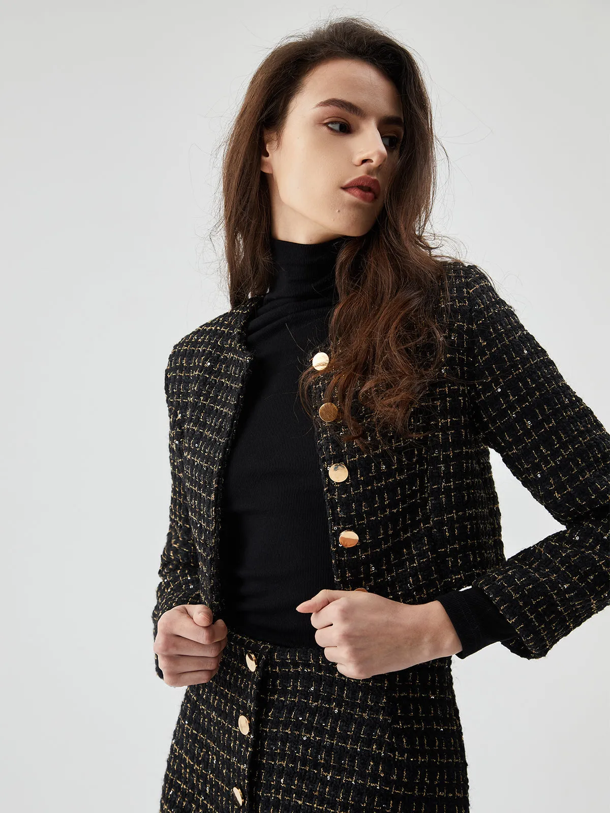 Sequined Button Graceful Short Blazer