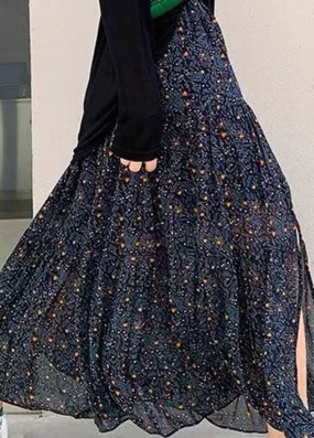 Simple Navy Wrinkled Patchwork Print Chiffon Skirts Spring