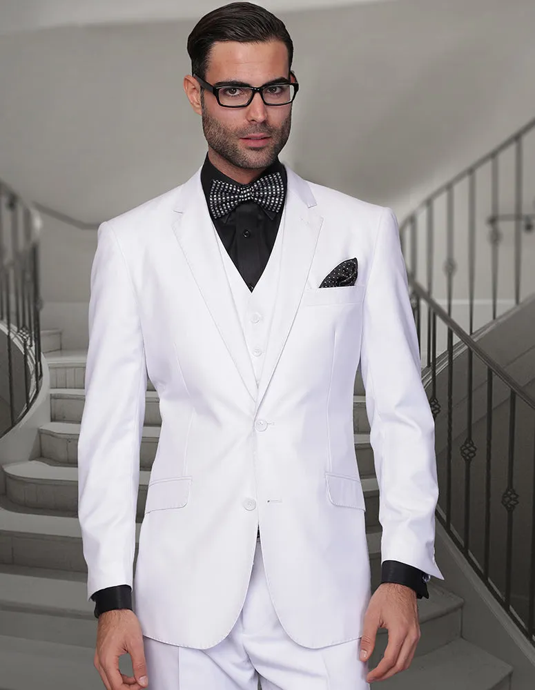 Statement White Tailored Fit Wool Suit Vested Flat Front Pants