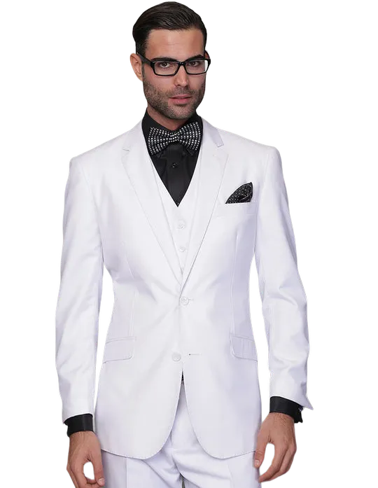 Statement White Tailored Fit Wool Suit Vested Flat Front Pants