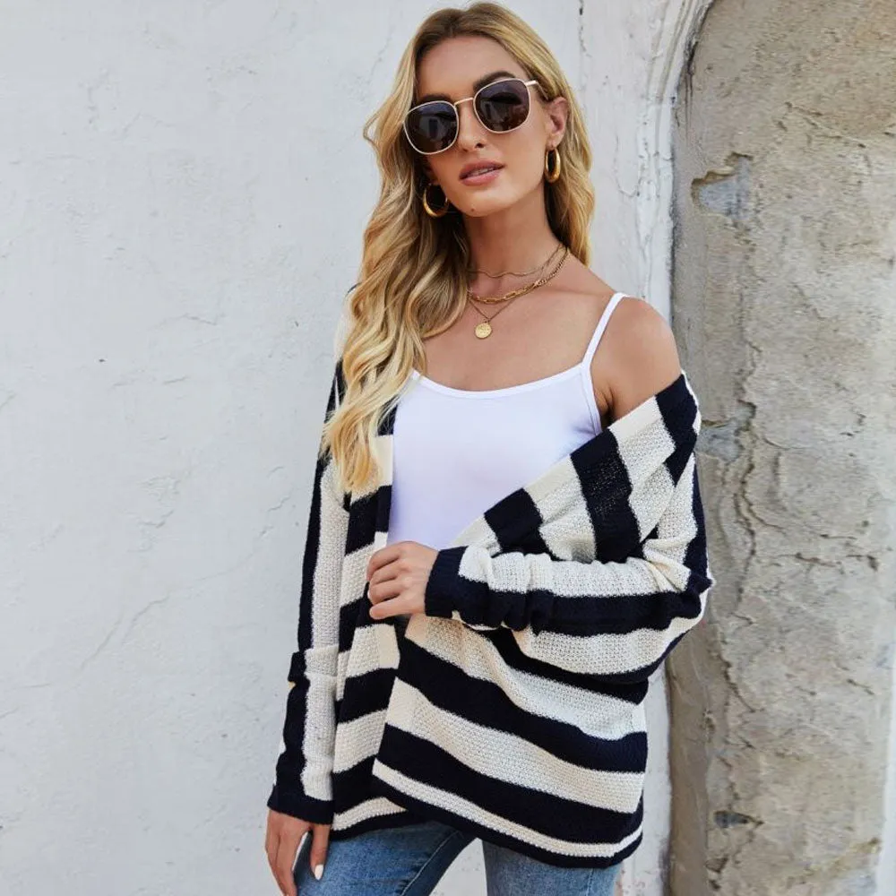 Trendy Contrast Black Striped Long Sleeve Open Front Oversized Cardigan