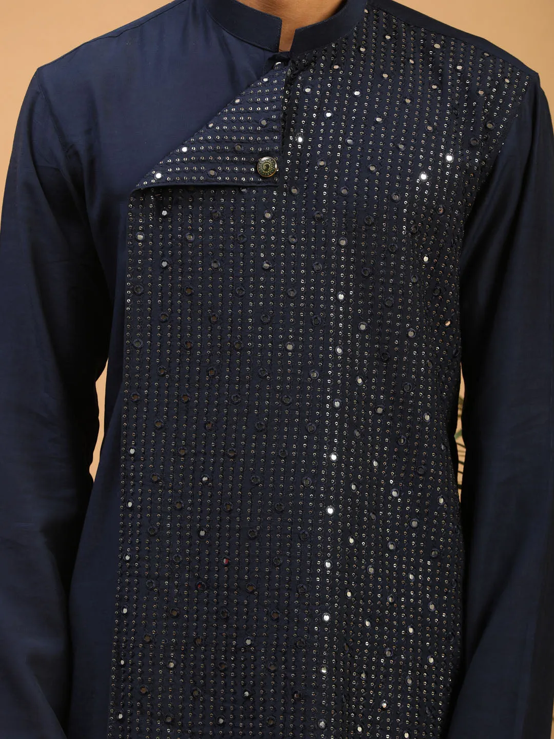 VASTRAMAY Men's Navy Blue Sequined Layered Kurta