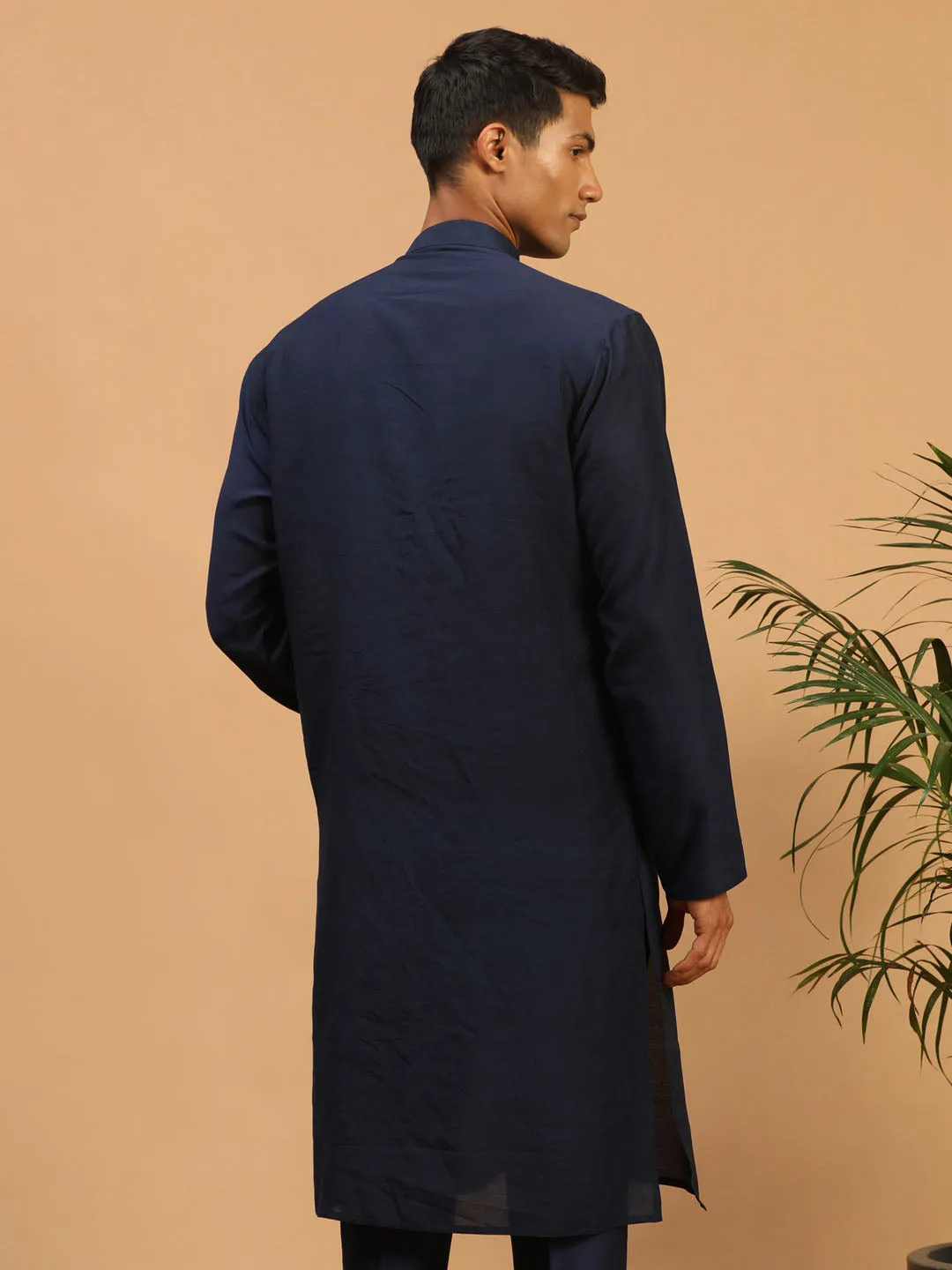 VASTRAMAY Men's Navy Blue Sequined Layered Kurta