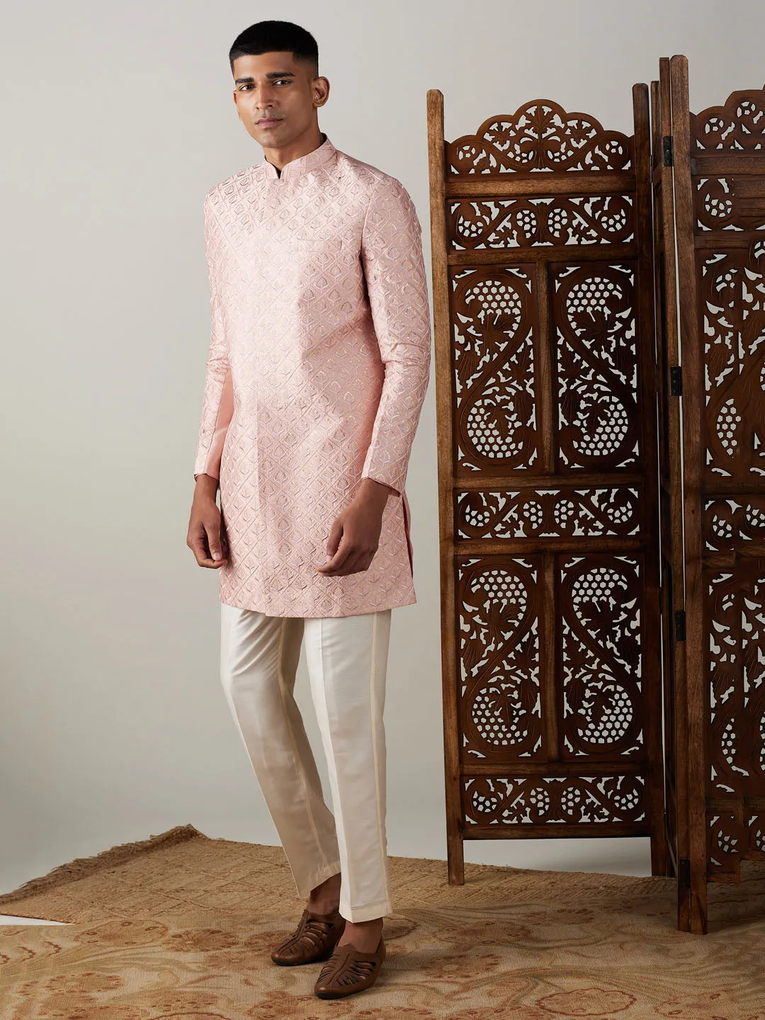 VASTRAMAY Men's Peach Sequined Indo Western Sherwani