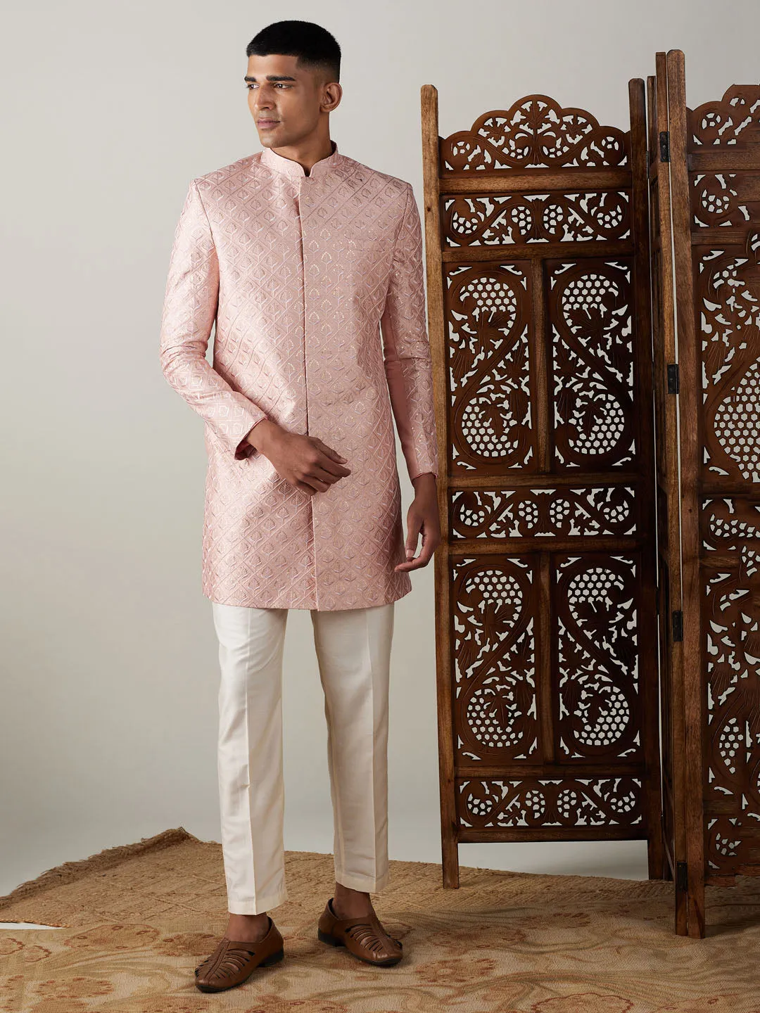 VASTRAMAY Men's Peach Sequined Indo Western Sherwani