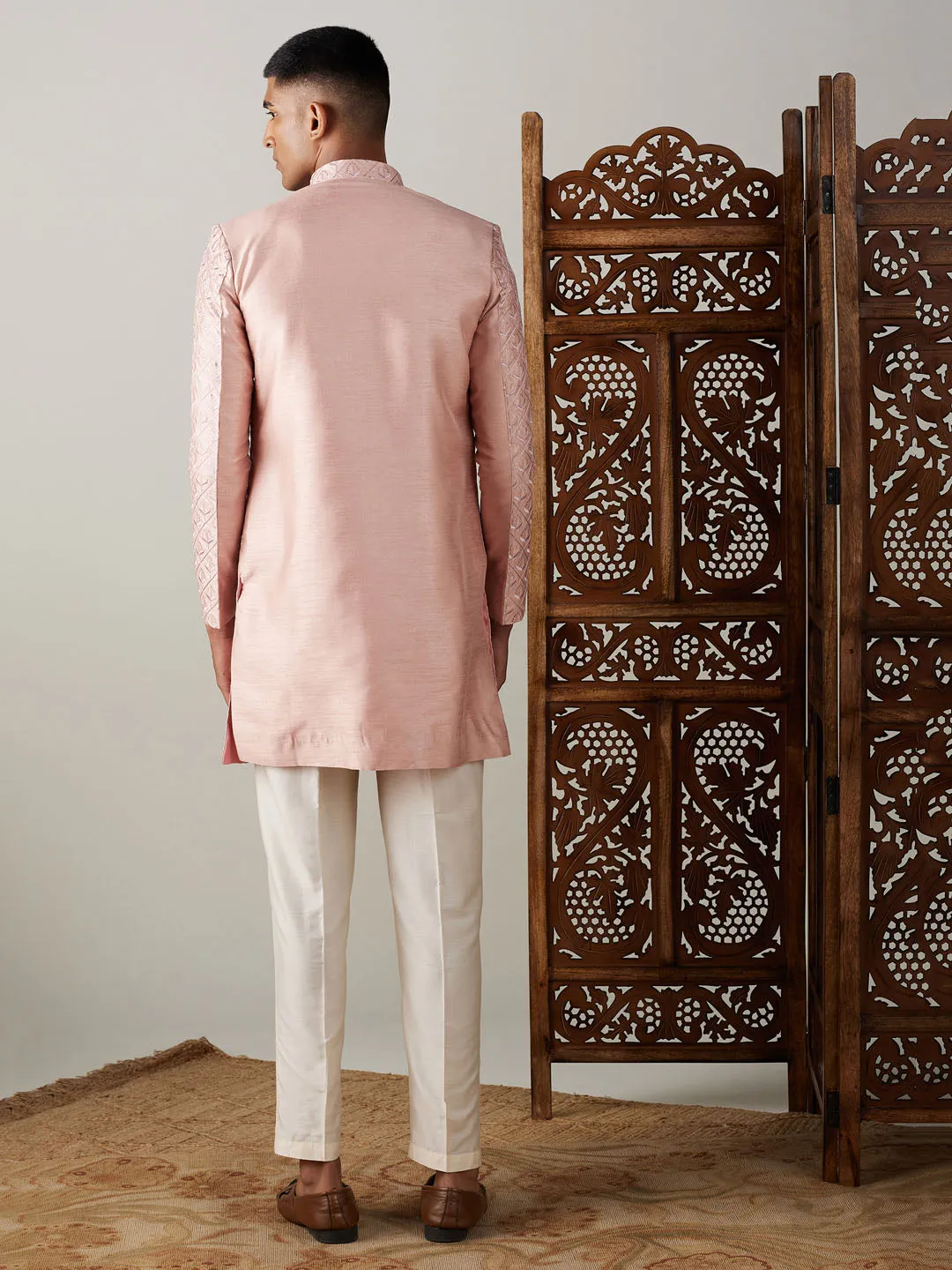 VASTRAMAY Men's Peach Sequined Indo Western Sherwani