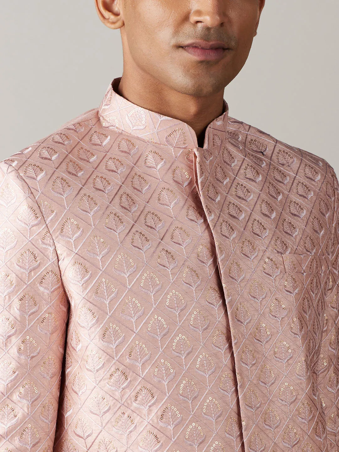 VASTRAMAY Men's Peach Sequined Indo Western Sherwani