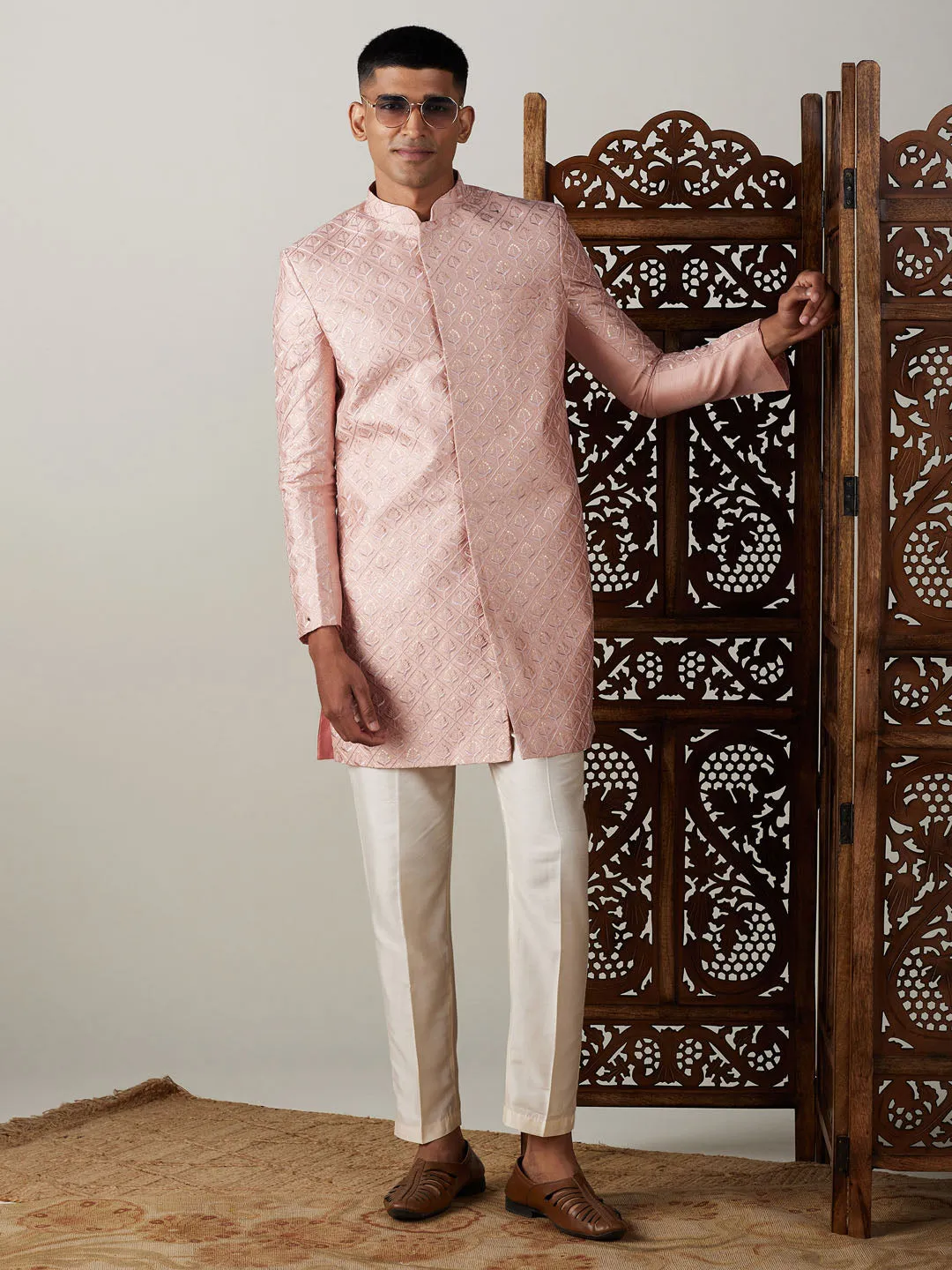 VASTRAMAY Men's Peach Sequined Indo Western Sherwani