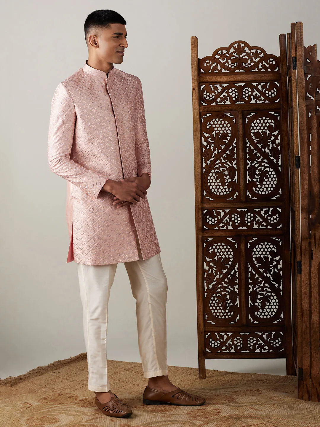 VASTRAMAY Men's Peach Sequined Indo Western Sherwani