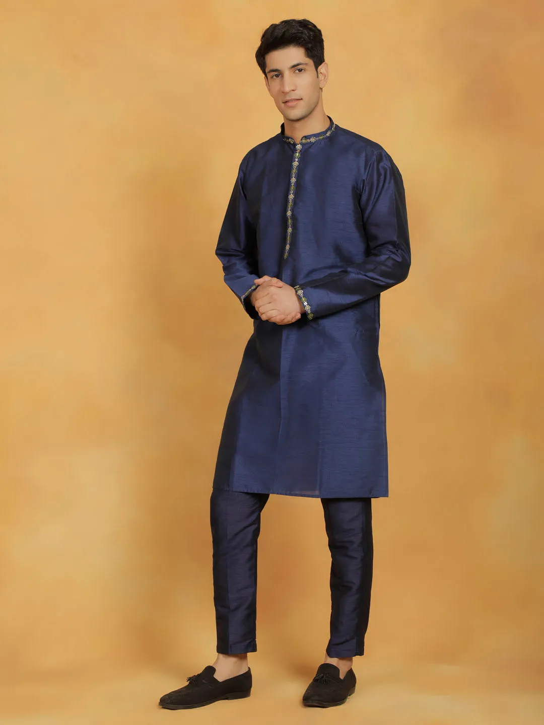 VASTRAMAY Navy Blue Dupion Silk Kurta Pyjama