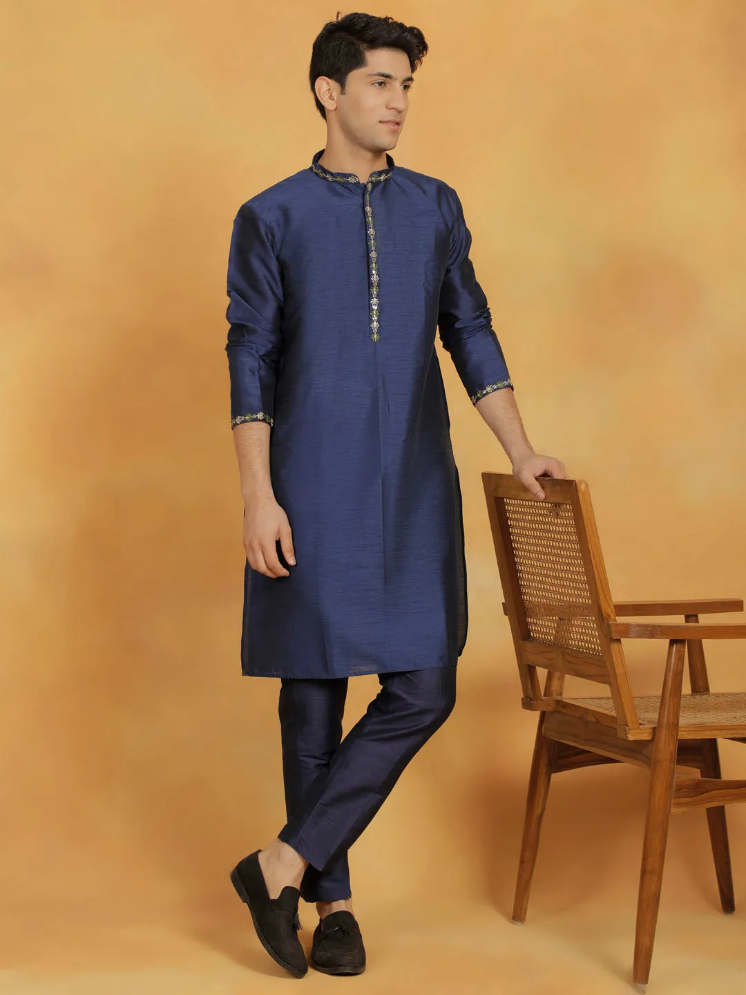 VASTRAMAY Navy Blue Dupion Silk Kurta Pyjama