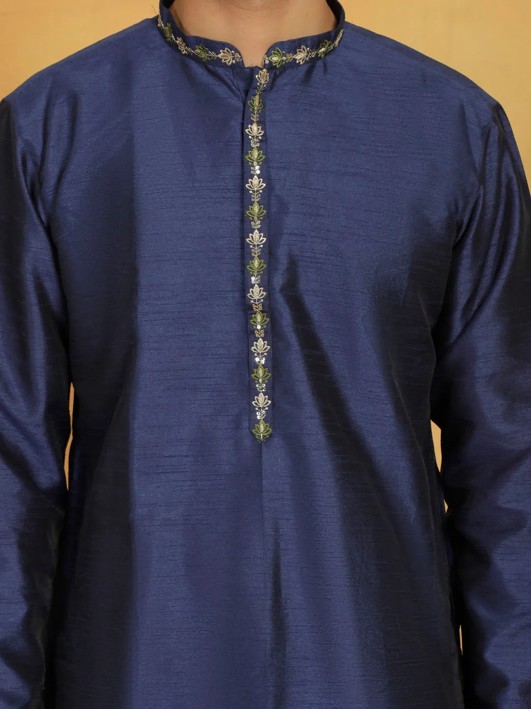 VASTRAMAY Navy Blue Dupion Silk Kurta Pyjama