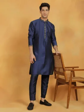 VASTRAMAY Navy Blue Dupion Silk Kurta Pyjama