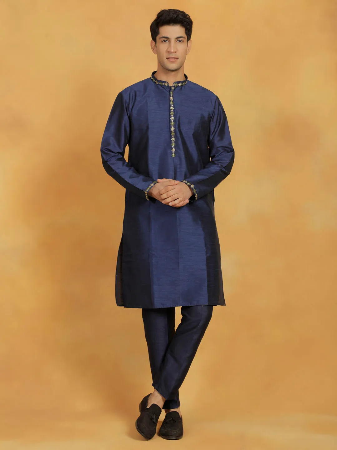 VASTRAMAY Navy Blue Dupion Silk Kurta Pyjama