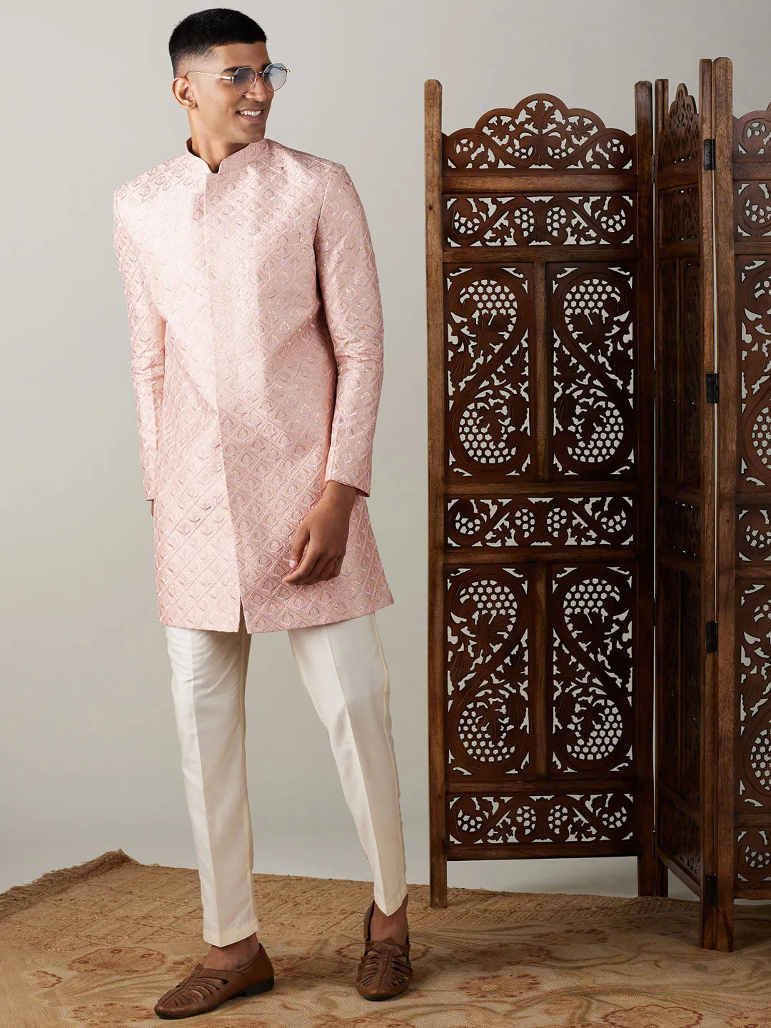 Vastramay Peach Sequined Men's Sherwani Set