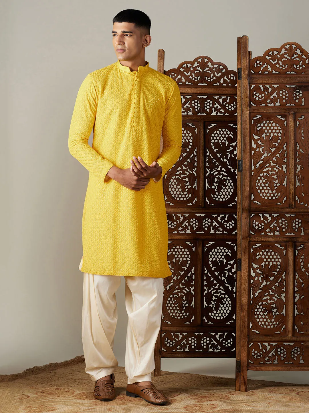 Vastramay Yellow Georgette Kurta With Cream Patiala