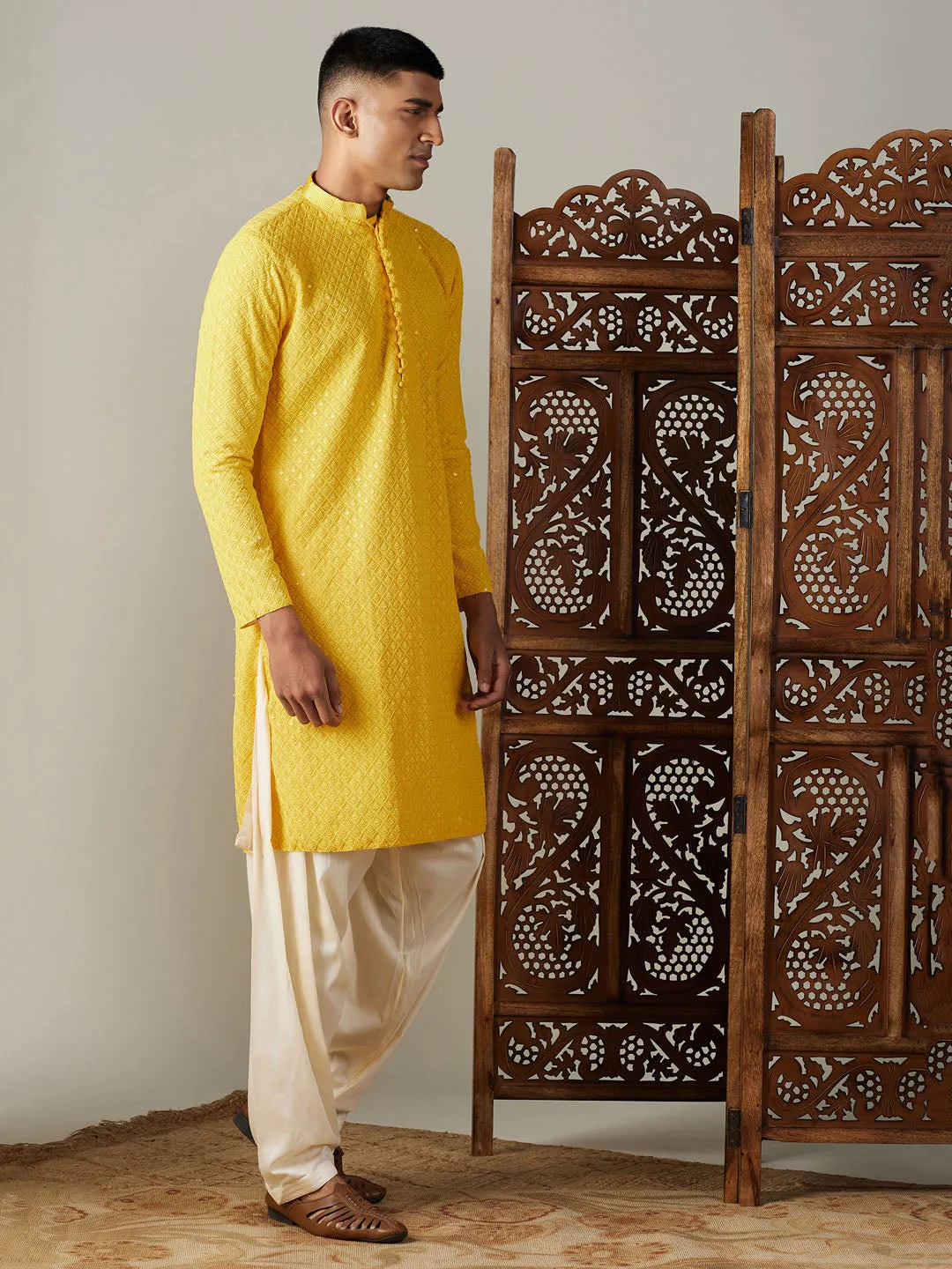 Vastramay Yellow Georgette Kurta With Cream Patiala