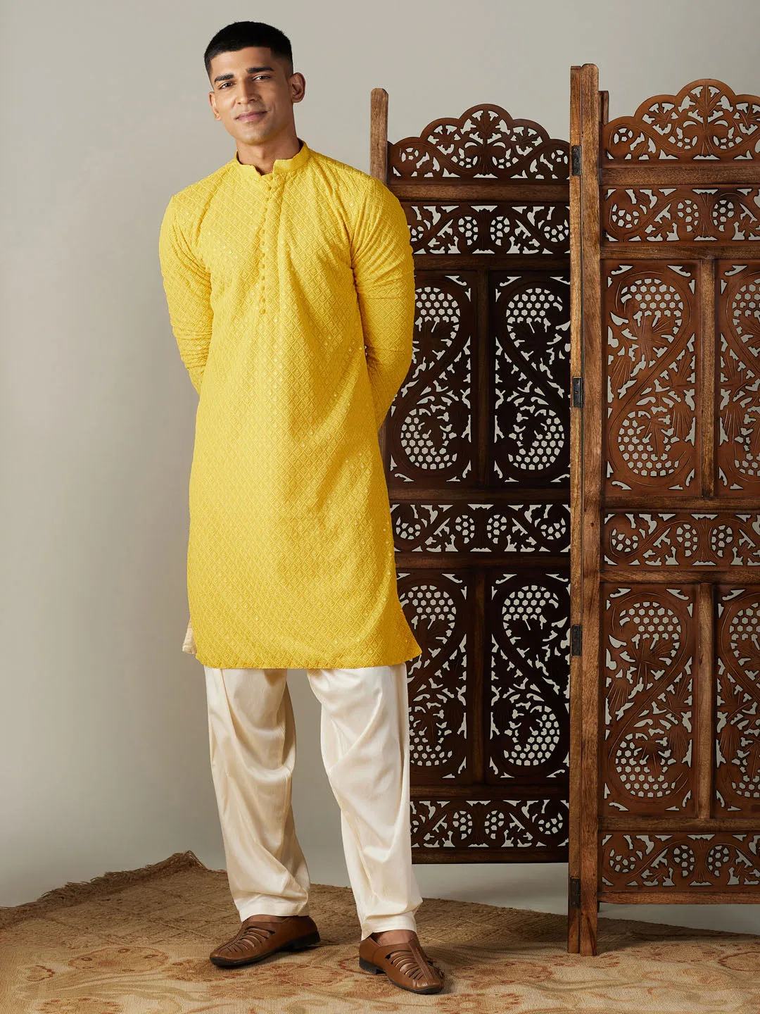 Vastramay Yellow Georgette Kurta With Cream Patiala