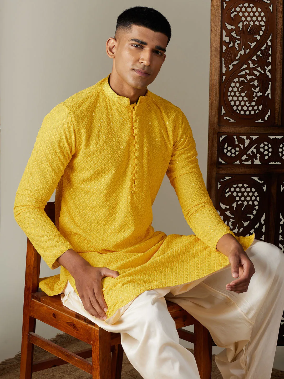 Vastramay Yellow Georgette Kurta With Cream Patiala