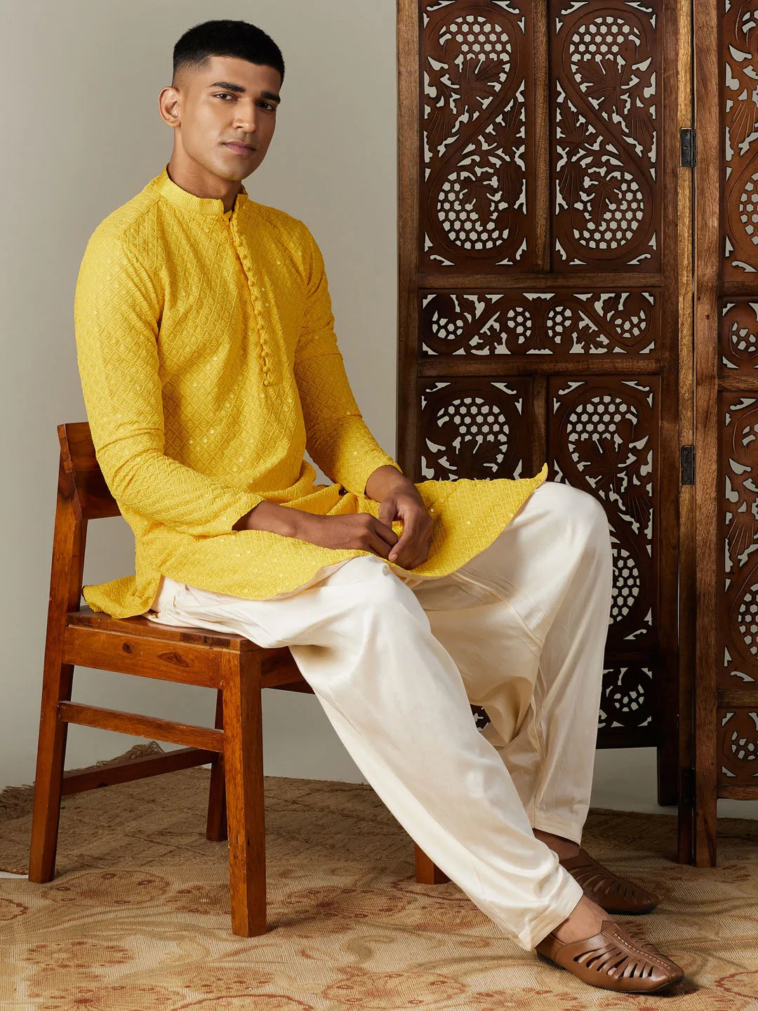 Vastramay Yellow Georgette Kurta With Cream Patiala