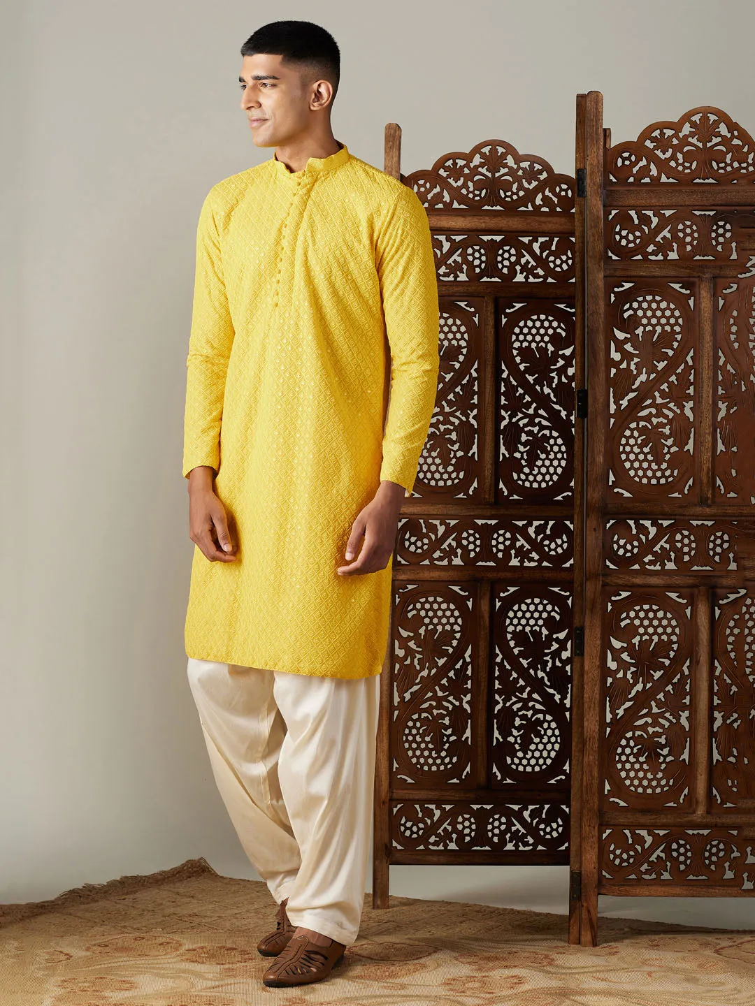 Vastramay Yellow Georgette Kurta With Cream Patiala