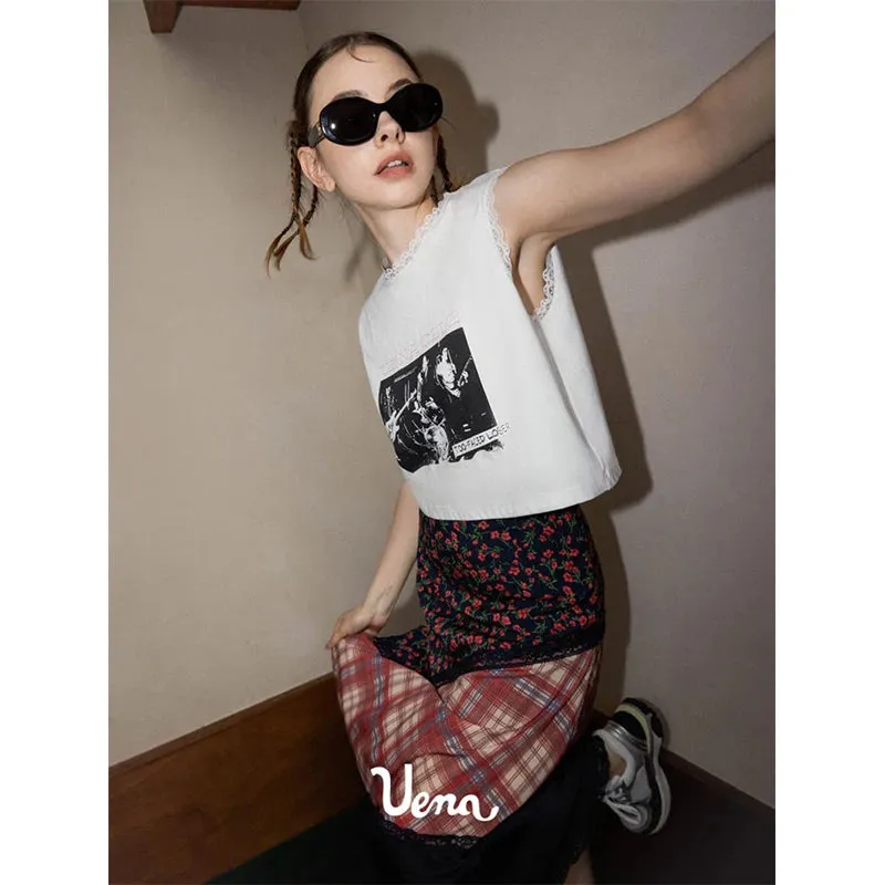 Vevesc Y2K Flower Print Midi Skirts Women Vintage Plaid Patchwork A Line Skirt Streetwear Harajuku High Waist Floral Casual Skirts New