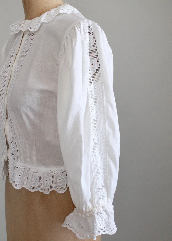 Vintage 1980s Cotton and Lace Victorian Style Blouse