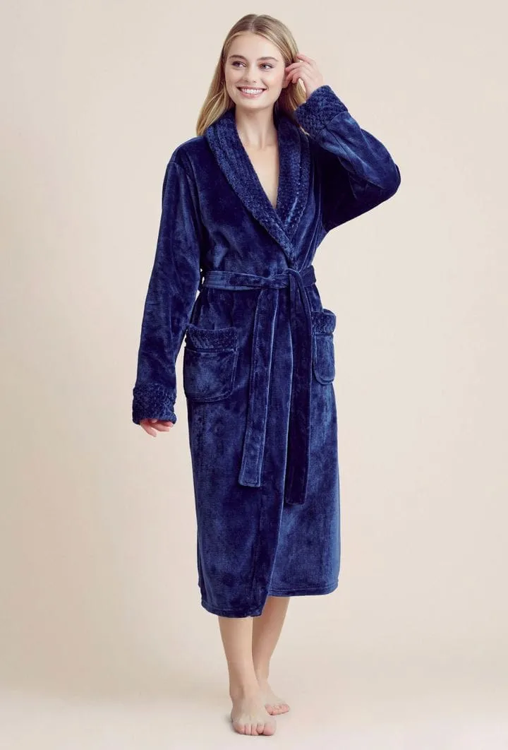 Women Plush Shawl Collar Robe, Luxury & Comfort, Lightweight & Soft, (Navy)