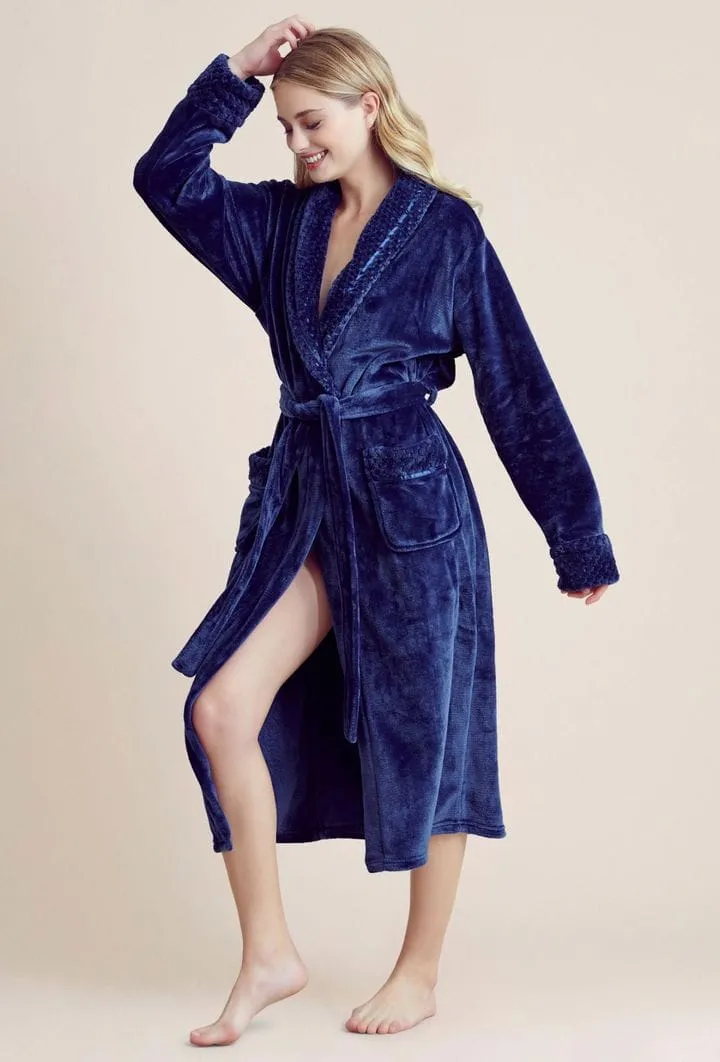 Women Plush Shawl Collar Robe, Luxury & Comfort, Lightweight & Soft, (Navy)