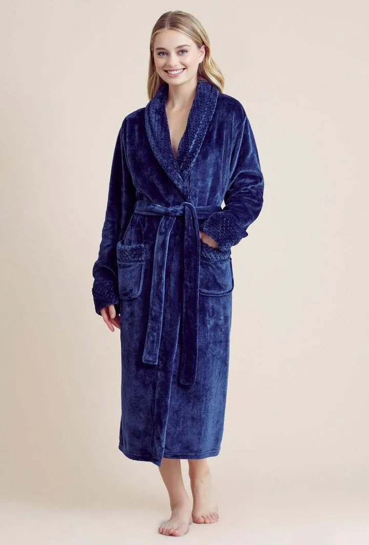 Women Plush Shawl Collar Robe, Luxury & Comfort, Lightweight & Soft, (Navy)