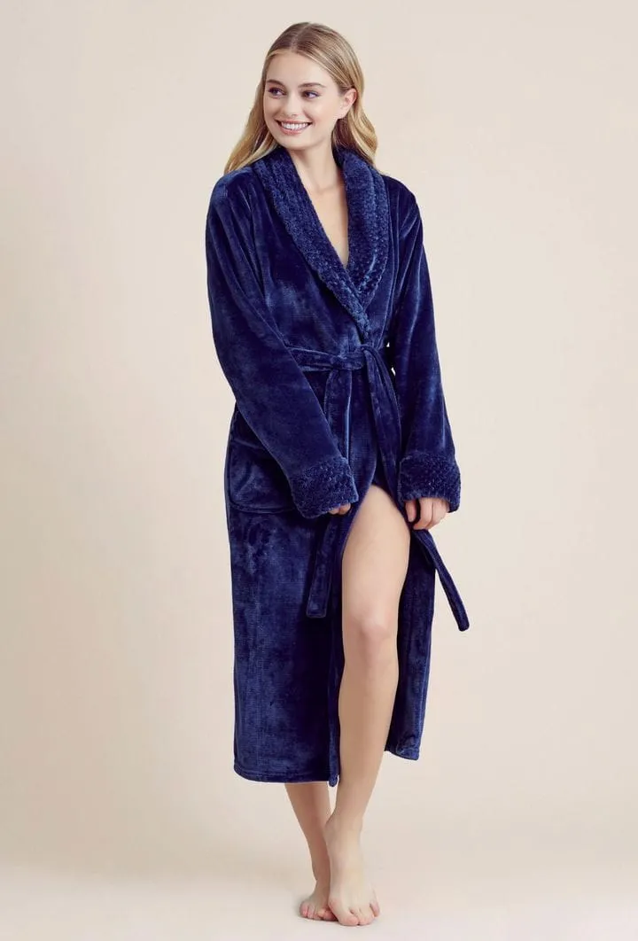 Women Plush Shawl Collar Robe, Luxury & Comfort, Lightweight & Soft, (Navy)