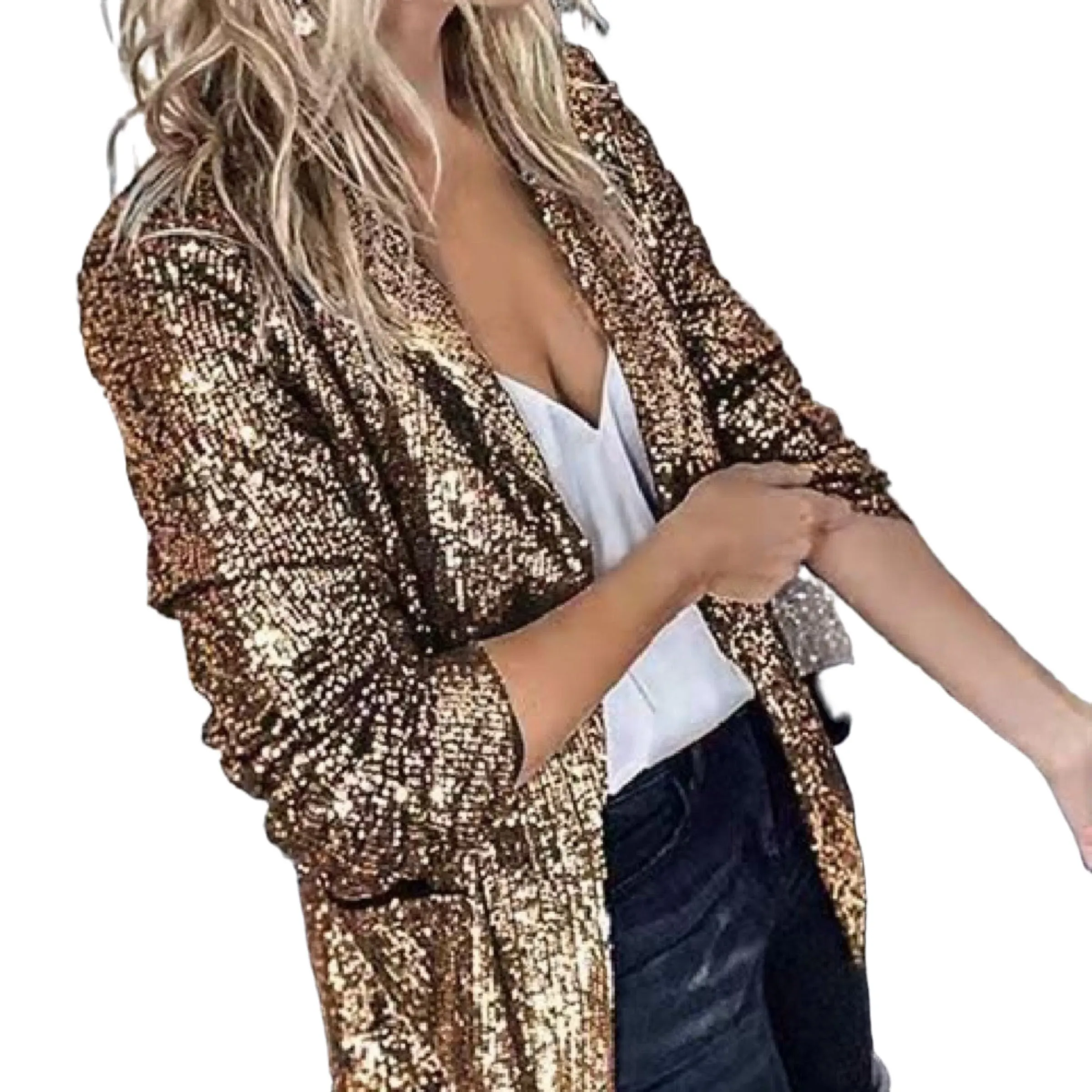 Womens Blazer Long Classy Sequined in Gold / Black / Silver Size XS, S, M, L, XL