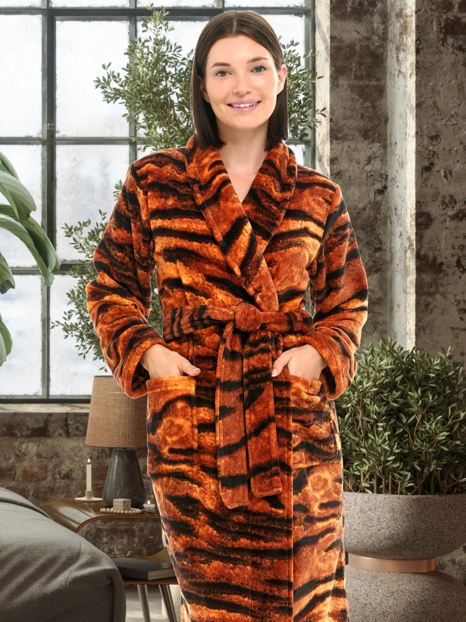 Women's Tiger Leopard Animal Print Robe, Plush Fleece Bathrobe