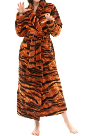 Women's Tiger Leopard Animal Print Robe, Plush Fleece Bathrobe