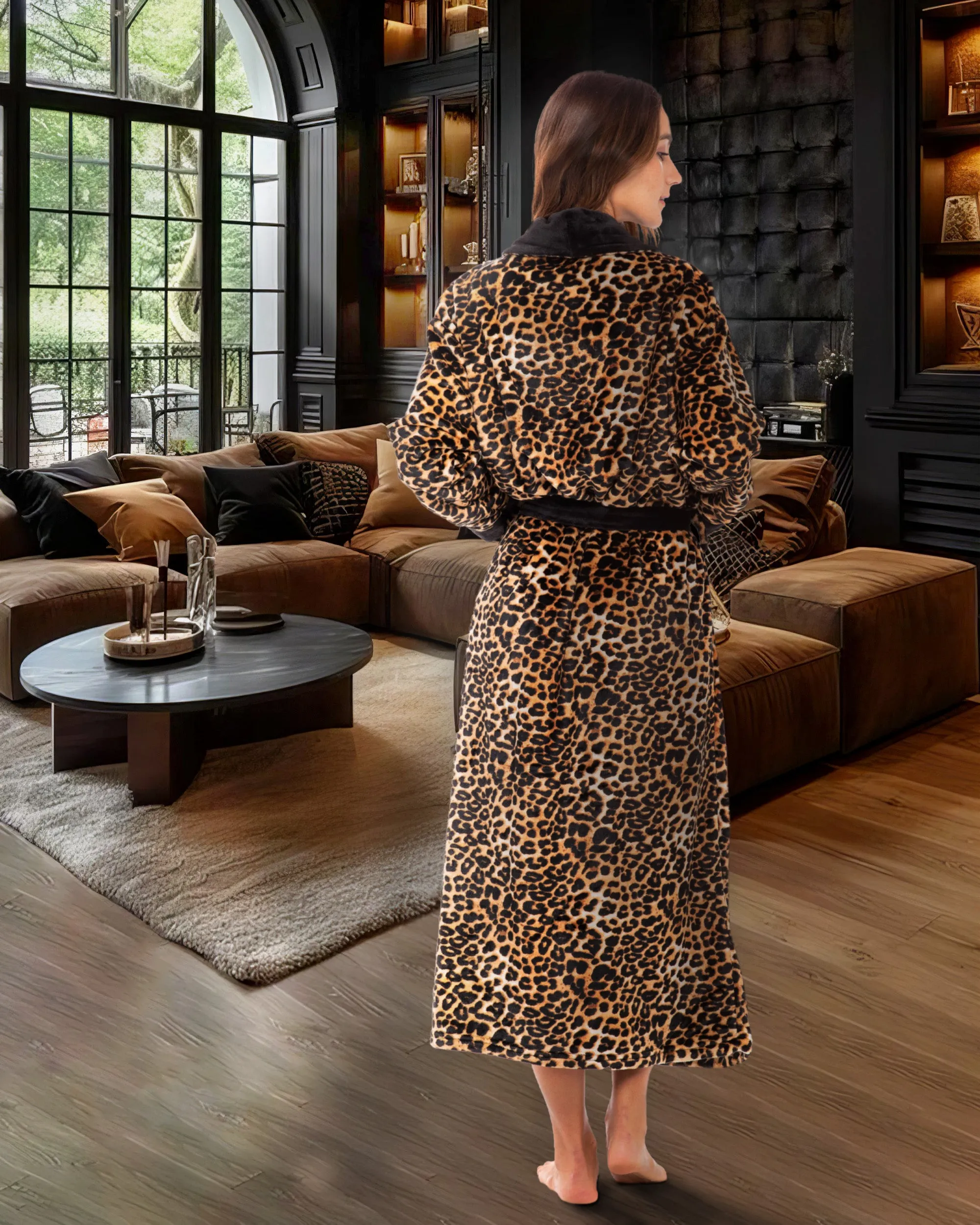 Women's Tiger Leopard Animal Print Robe, Plush Fleece Bathrobe