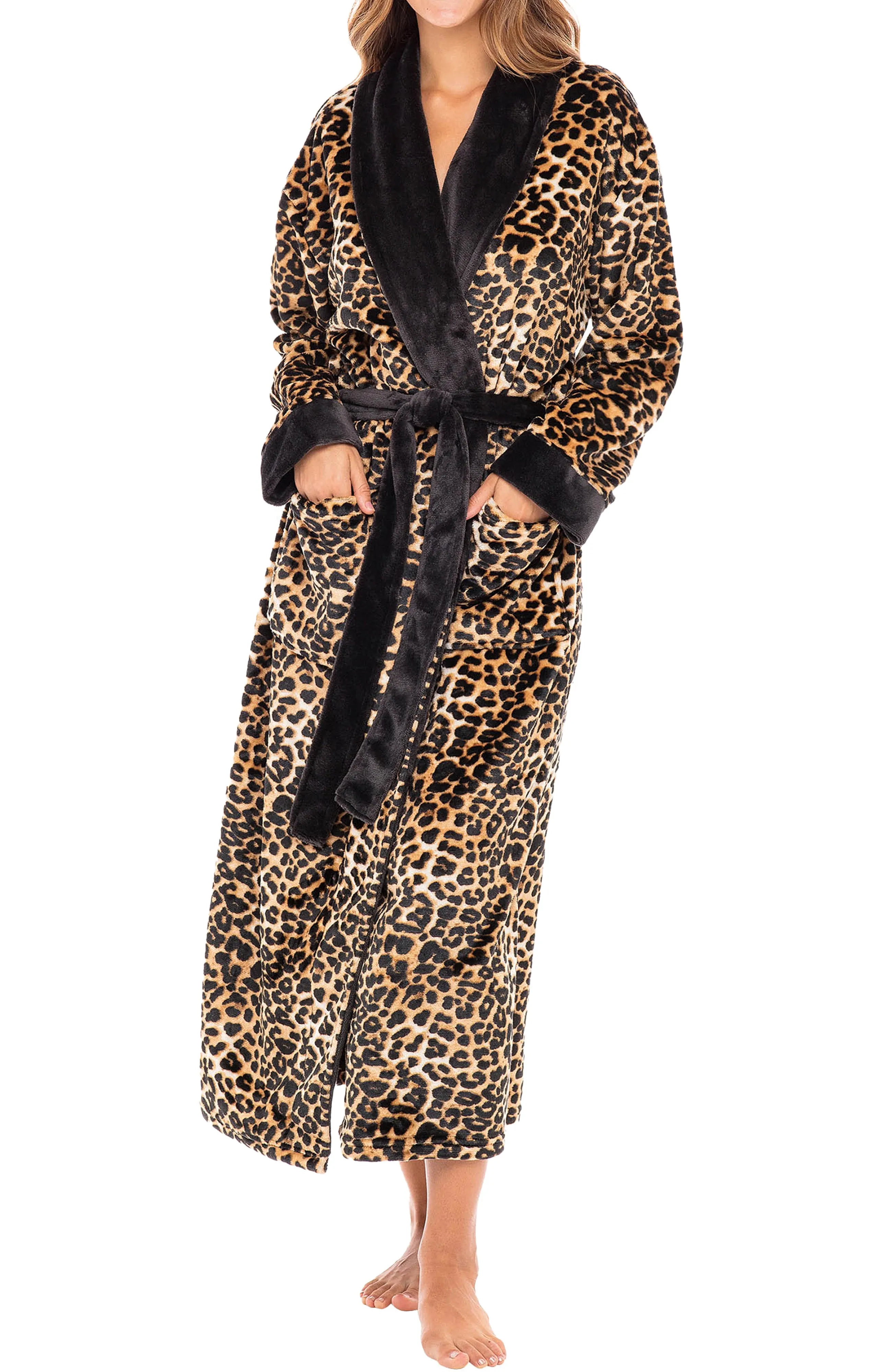 Women's Tiger Leopard Animal Print Robe, Plush Fleece Bathrobe